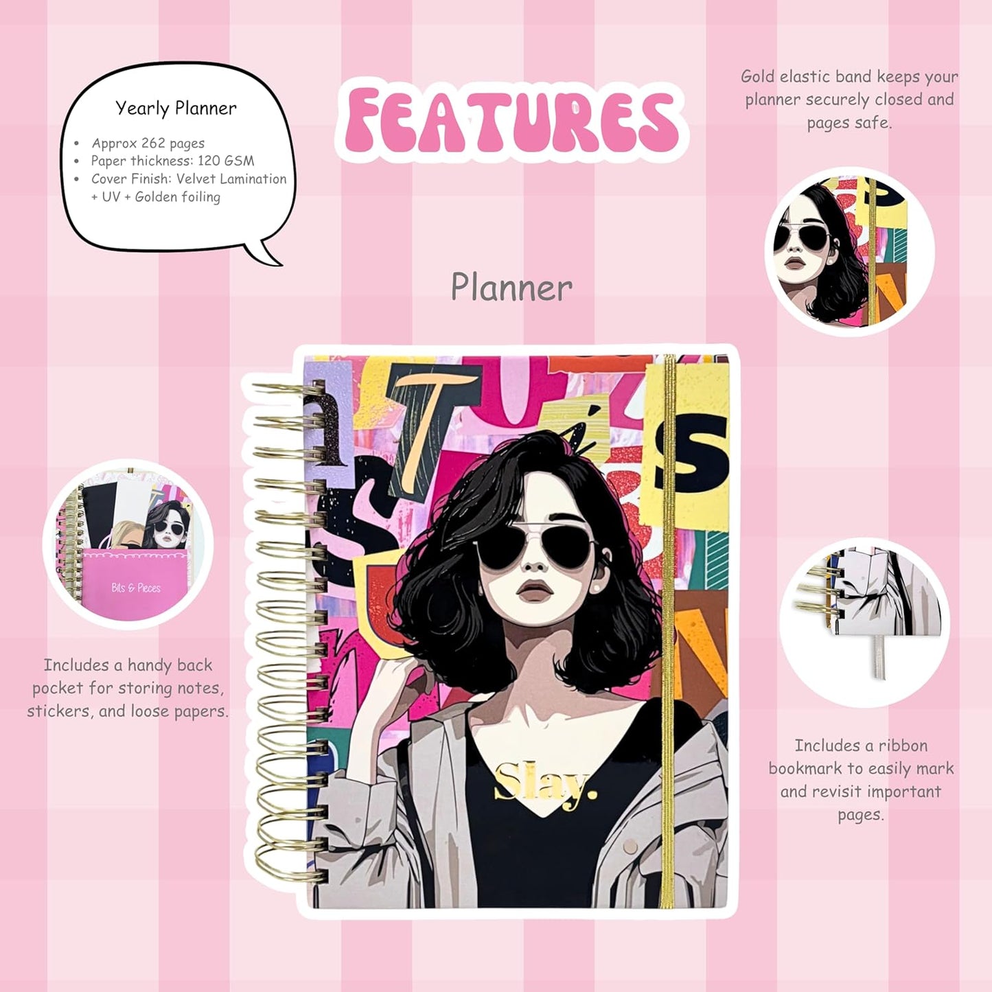 Planner with colorful design on a pink striped background