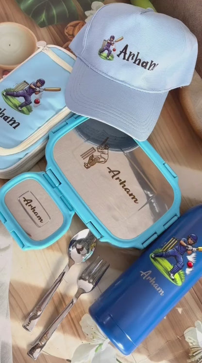 SHM- 012 Personalized Cricket Lover Gift Combo with Rakhi | Custom Lunch Box, Bottle, Pouch & Cap | Raksha Bandhan 2026