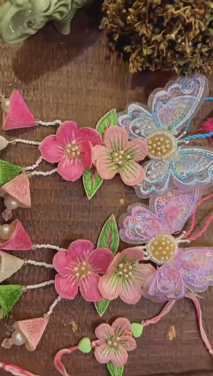 N-15 Hand-Embroidered Floral Lumba Rakhi – With Reusable Hair Clip for Bhabhi