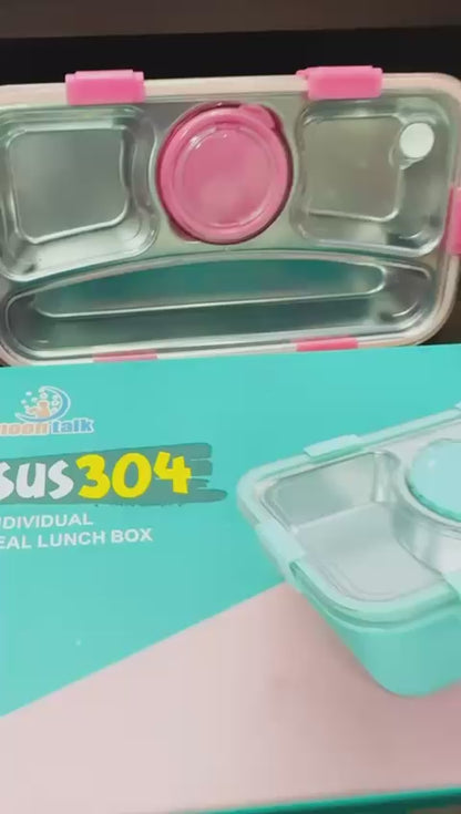 Insulated Bento Lunch Box - 4-Grid, Stainless Steel, Leak-Proof, 710ml with Steel Spoon & Chopsticks - Perfect for Office & School