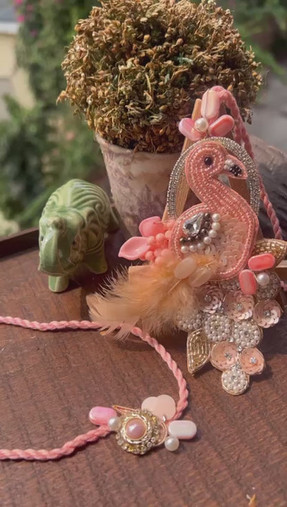N-32 🦩 Flamingo Rakhi Lumba Set for Bhaiya Bhabhi – Quirky Tropical Rakhi 2025