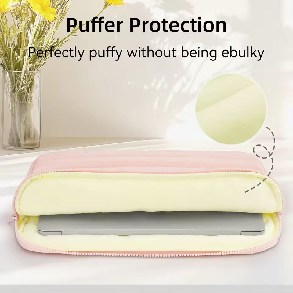 Yellow puffer protection product with text on a light background