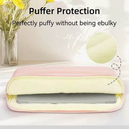 Yellow puffer protection product with text on a light background