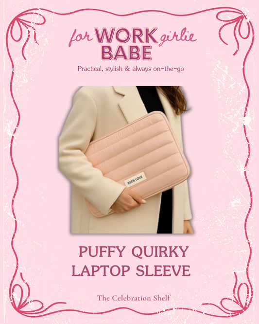 Pink puffy quirky laptop sleeve held by a person, with text on a pink background.